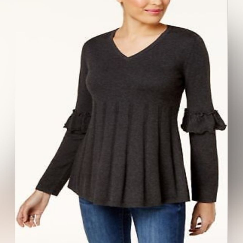 Style & Co Gray Ruffle Sleeve Sweater (PM)